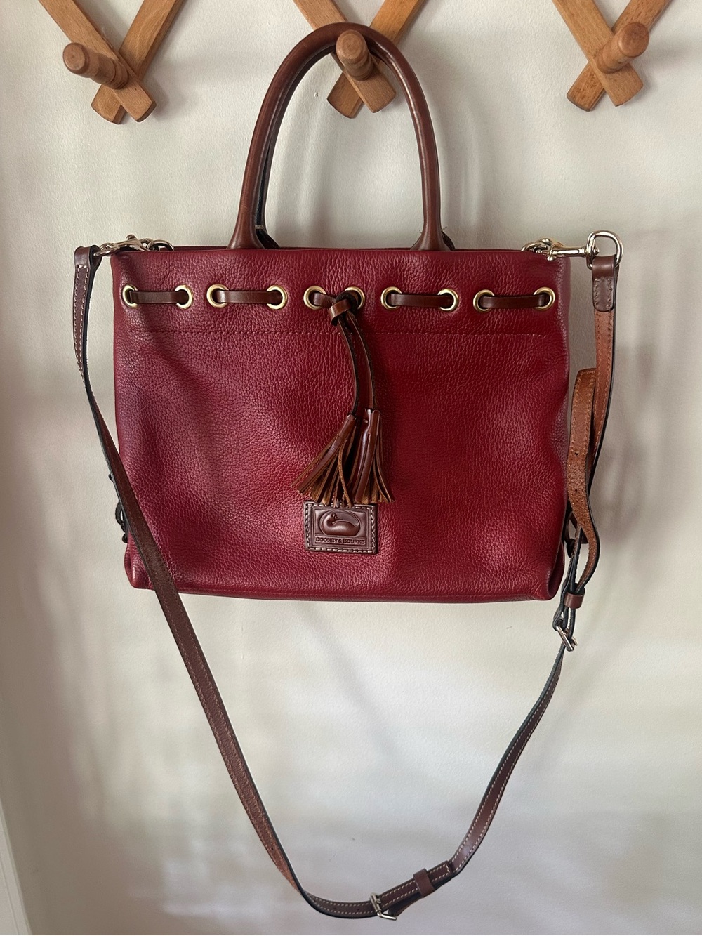 Dooney & Bourke Wakefield Tassel Red Pebbled Leather British Tan Trim Bag Purse